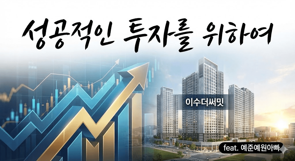 이수더써밋 지역주택조합의 성공적인 투자를 기원하는 상승 그래프와 아파트 조감도 배경 이미지 (feat. 예준예원아빠)