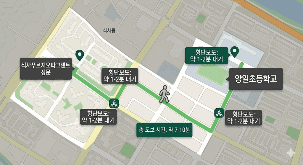 식사동 식사푸르지오파크센트: 8억 분양가의 진실과 무순위 줍줍 전략 분석 2 단지 정문에서 양일초등학교까지의 안전한 통학로를 시각화했습니다. 횡단보도 대기 시간을 포함한 실제 도보 체감 거리를 표현합니다.)