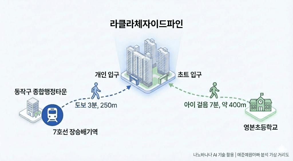노량진 6구역 라클라체자이드파인 아파트 입지 분석 인포그래픽. 단지에서 7호선 장승배기역까지 도보 3분(250m), 영본초등학교까지 아이 걸음으로 7분(약 400m) 소요됨을 보여주는 거리 및 시간 분석 지도입니다.