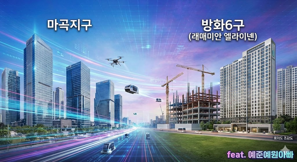 왼쪽의 최첨단 마곡지구 빌딩들과 오른쪽의 방화6구역 래미안 엘라비네 공사 현장 및 조감도가 데이터 스트림과 미래형 드론, 운송 수단으로 연결되어 직주근접을 시각화한 이미지입니다.