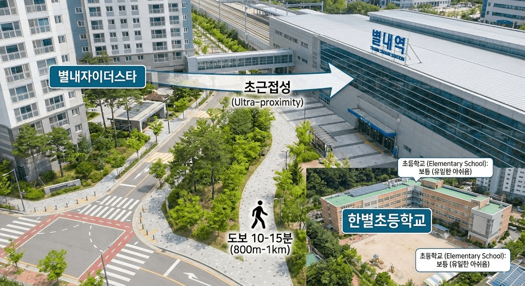 별내자이더스타 입지 분석: 8호선 날개 달고 완성된 별내의 심장 (feat. GTX-B 2026년 최신) 3 별내자이더스타에서 한별초등학교 및 별내역까지 물리적 거리를 설명합니다.