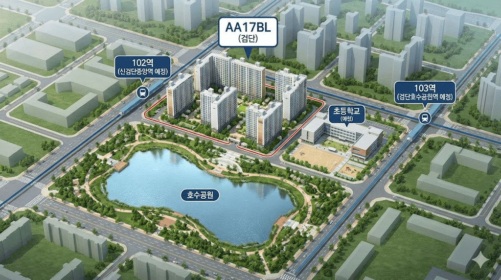 2026년 검단신도시 대장주 AA17BL 청약 분양가 및 시공사 팩트체크(안전마진 입지분석) 3 위 이미지는 AA17BL이 103역(호수공원)과 인접하면서도 학교 부지를 끼고 있는 모습을 형상화했습니다. '공세권'과 '학세권'을 동시에 만족하는 입지임을 확인할 수 있습니다.