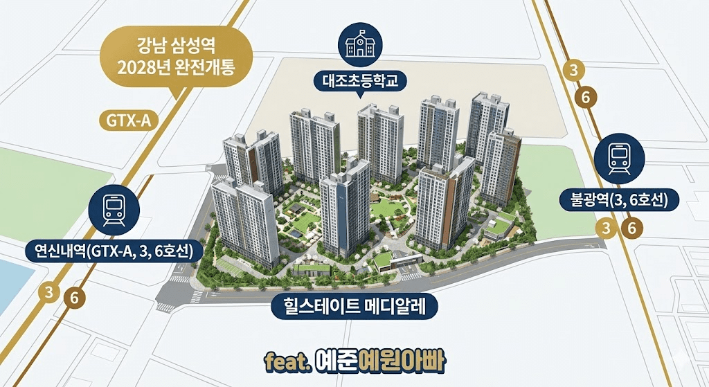 대조1구역 힐스테이트 메디알레 아파트 단지의 입지 분석 지도 인포그래픽입니다. 연신내역(GTX-A, 3호선, 6호선), 불광역(3호선, 6호선), 대조초등학교와의 인접성을 보여주며, 2028년 GTX-A 강남 삼성역 완전 개통 정보를 포함하고 있습니다.