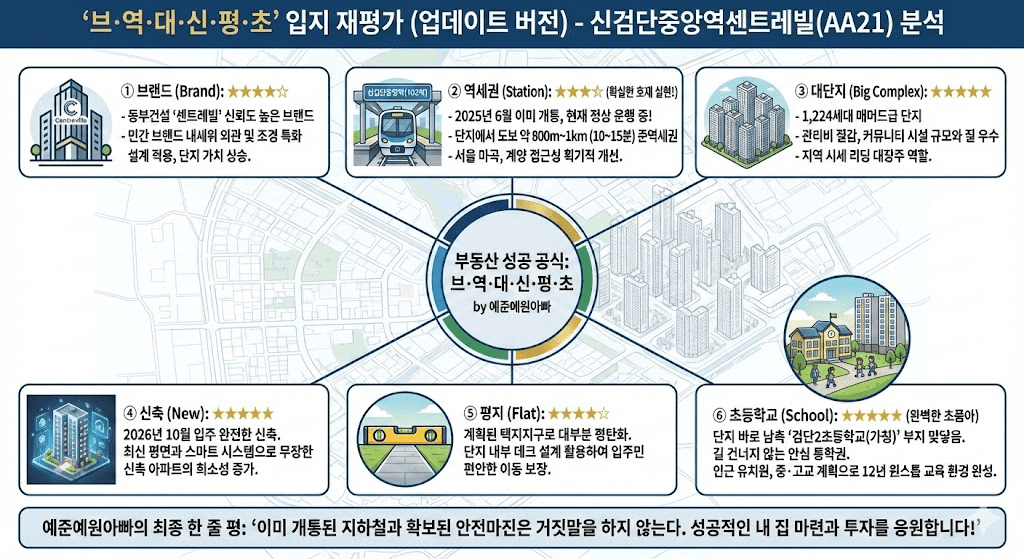 신검단중앙역센트레빌(AA21)의 브랜드, 역세권, 대단지, 신축, 평지, 초등학교(브역대신평초) 입지를 분석한 인포그래픽 이미지입니다. 2025년 6월 개통된 신검단중앙역 역세권과 초품아(검단2초) 입지를 강조하고 있습니다.