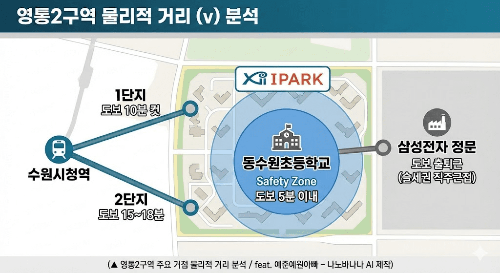 영통2구역(영통자이아이파크)에서 동수원초등학교, 수원시청역, 삼성전자 정문까지의 도보 거리 분석 인포그래픽