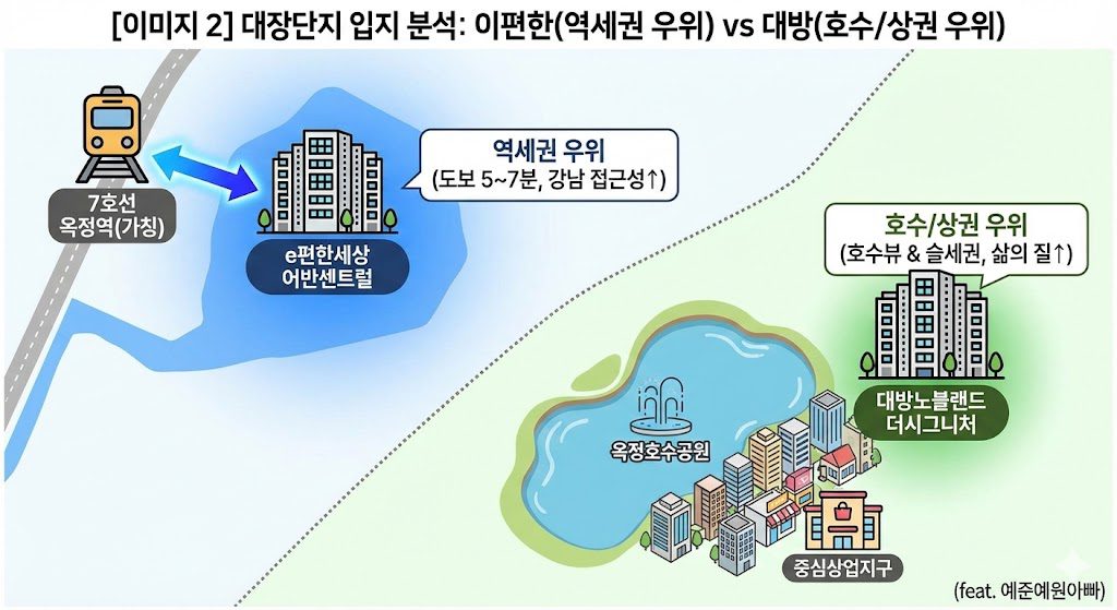 양주 옥정신도시 대장 아파트 입지 비교 인포그래픽. 7호선 옥정역과 가까운 e편한세상 어반센트럴의 역세권 장점과 옥정호수공원 및 중심상권에 인접한 대방노블랜드 더시그니처의 슬세권 장점을 시각적으로 비교 분석한 이미지입니다.
