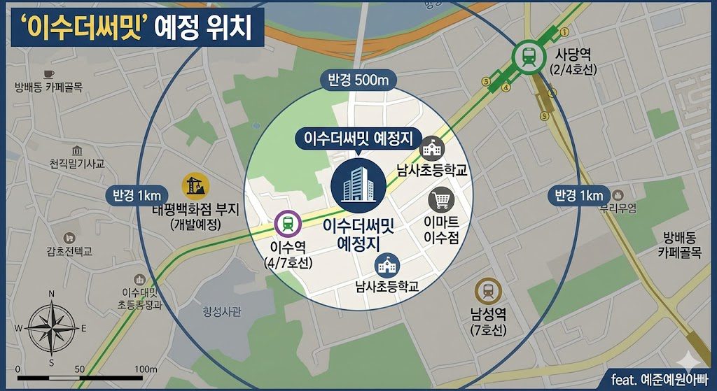 이수더써밋 예정지에서 500미터 반경 초등학교와, 역이 있음을 표시합니다.