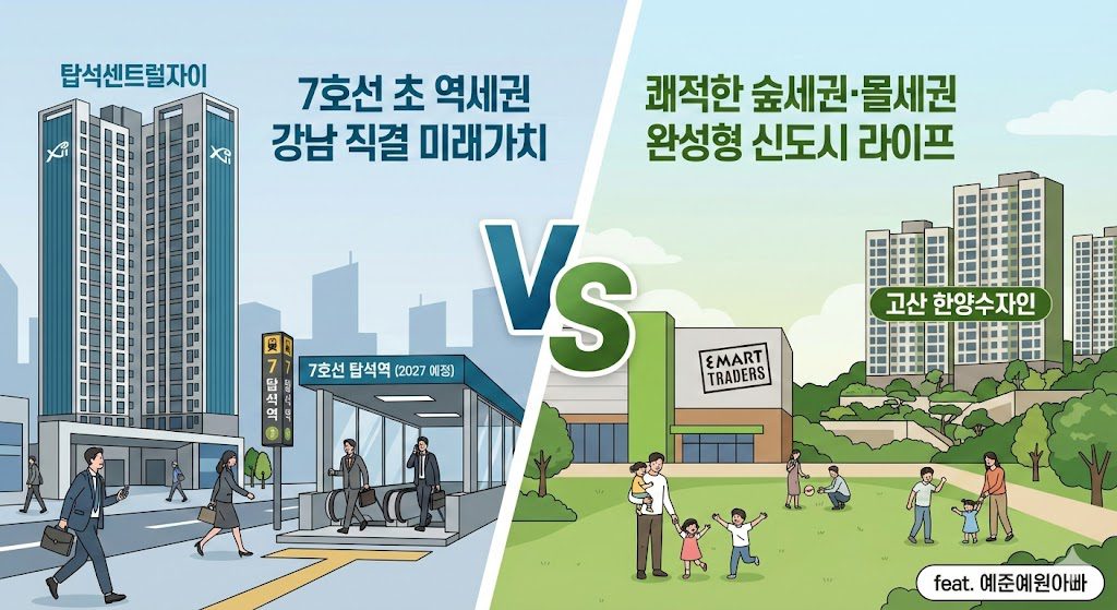 의정부 탑석센트럴자이(7호선 초역세권)와 고산 한양수자인(숲세권, 트레이더스 몰세권) 입지 장점 비교 인포그래픽.