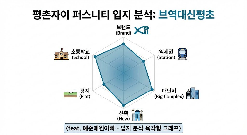 평촌자이 퍼스니티의 입지를 브랜드, 역세권, 대단지, 신축, 평지, 초등학교 6개 항목으로 분석한 육각형 레이더 차트입니다. 브랜드, 대단지, 신축, 초등학교는 만점을, 역세권과 평지는 높은 점수를 나타내고 있습니다.