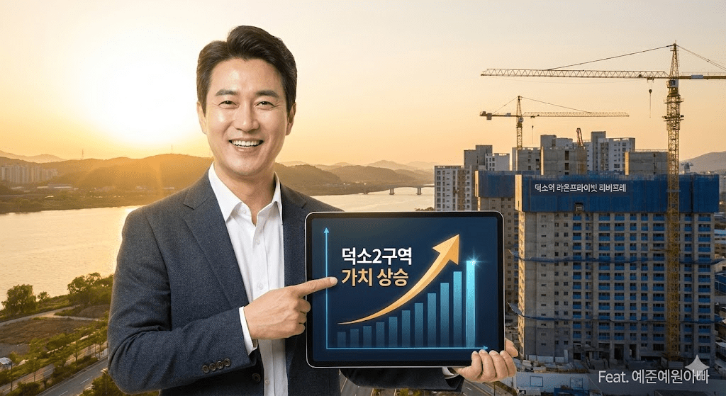부동산 전문가(예준예원아빠)가 덕소2구역 아파트 건설 현장을 배경으로, 태블릿에 나타난 덕소2구역 가치 상승 그래프를 손가락으로 가리키며 웃고 있다.