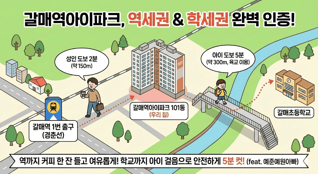 갈매역아이파크 아파트 위치도 인포그래픽. 갈매역 1번 출구까지 성인 도보 2분(약 150m), 갈매초등학교까지 육교를 이용해 아이 도보 5분(약 300m) 거리를 보여주며 역세권과 학세권 입지를 강조하고 있다.