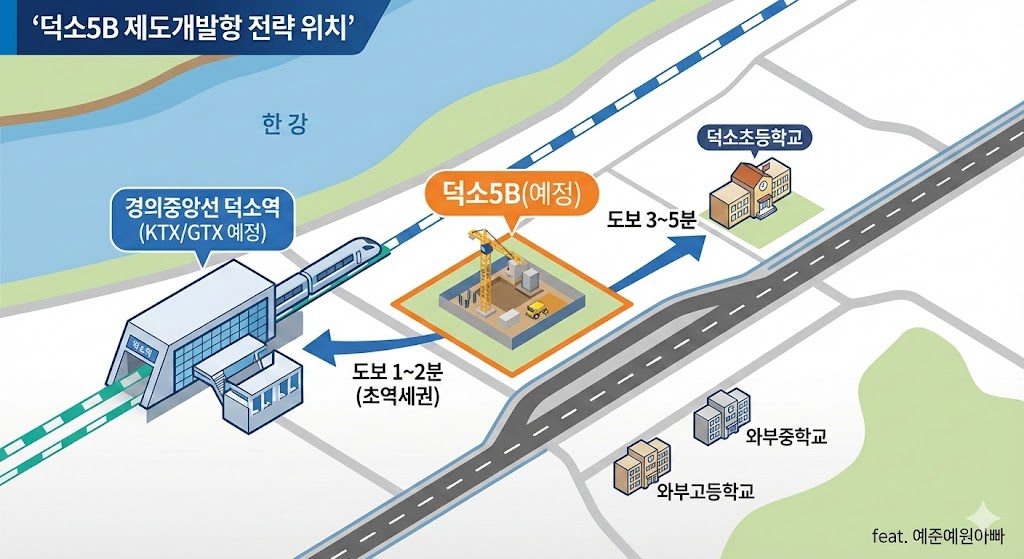 남양주 덕소 5B구역 재개발 입지 분양가 투자 전망 총정리 2026년 최신판 2 이미지: 덕소역과 덕소초등학교 사이의 물리적 거리를 나타낸 지도 그래픽, feat. 예준예원아빠