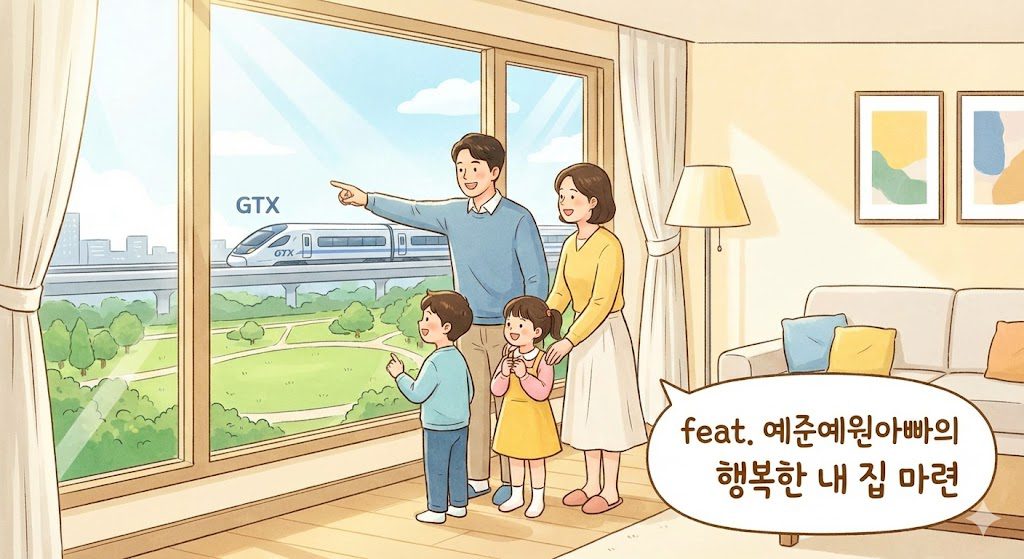 동탄역 대방엘리움 더 시그니처 아파트 거실에서 창밖으로 지나가는 GTX 열차와 넓은 공원을 바라보며 행복하게 웃고 있는 가족(부모와 두 자녀)의 일러스트입니다. 이미지 우측 하단에 'feat. 예준예원아빠의 행복한 내 집 마련'이라는 말풍선 문구가 있습니다.