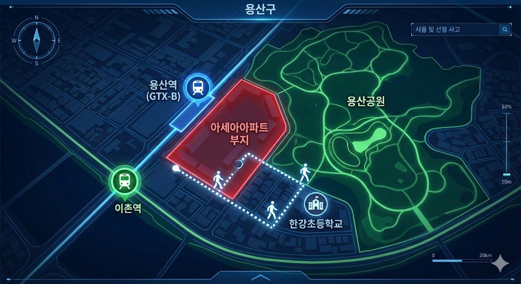 서울 용산구 아세아아파트 부지가 용산역(GTX-B 예정), 이촌역, 용산공원, 한강초등학교와 인접해 있음을 보여주는 입지 분석 하이테크 지도 시각화