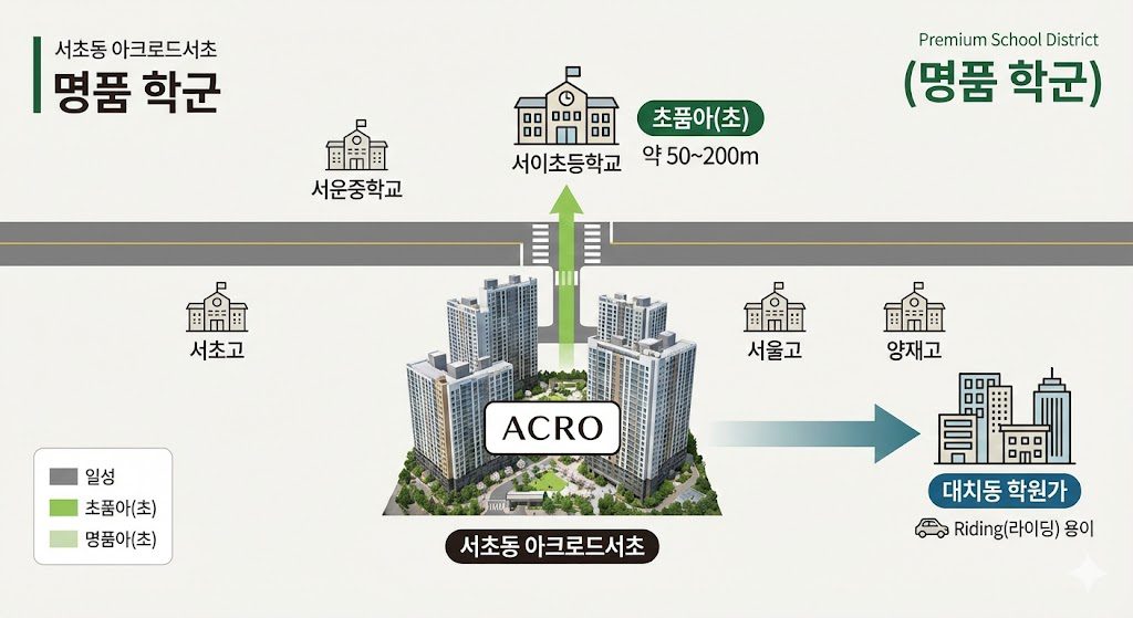 서초동 아크로드서초(서초신동아 재건축)의 명품 학군 입지를 보여주는 인포그래픽 지도입니다. 단지 바로 앞 서이초등학교(초품아) 위치와 인근 서운중, 서초고, 서울고, 양재고 및 대치동 학원가 접근성을 시각적으로 나타내고 있습니다.