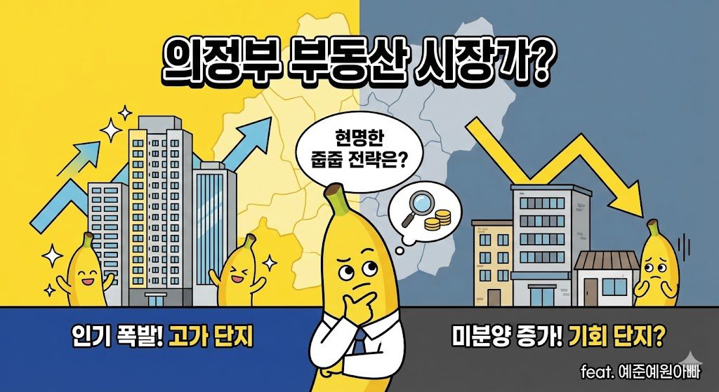 의정부 부동산 시장의 양극화 현황을 보여주는 인포그래픽입니다. '인기 폭발! 고가 단지'의 상승 그래프와 '미분양 증가! 기회 단지?'의 하락 그래프를 대조적으로 표현했으며, 중앙에는 바나나 캐릭터가 '현명한 줍줍 전략은?'이라고 고민하며 돋보기와 동전을 생각하는 모습이 담겨 있습니다.