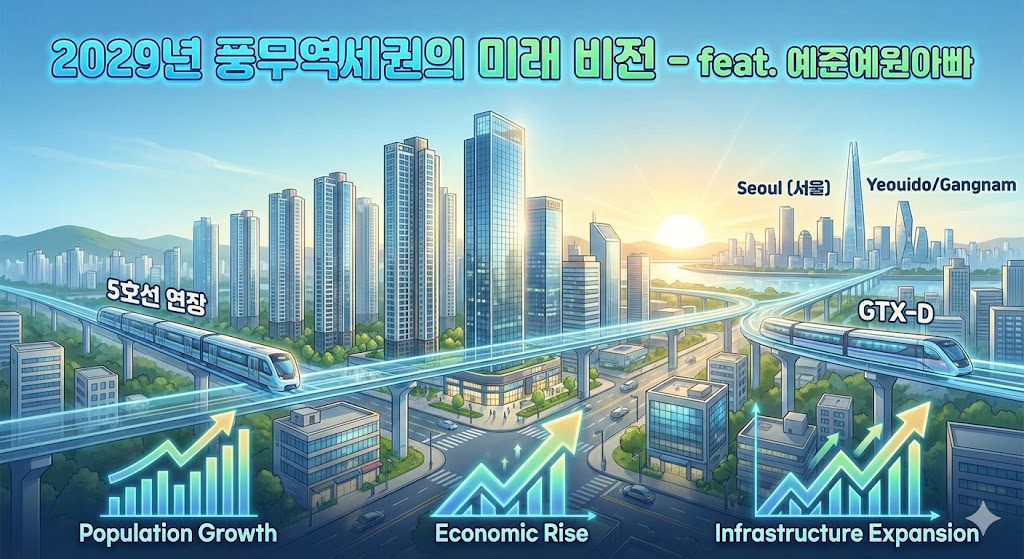 2029년 김포 풍무역세권의 발전된 미래 비전 인포그래픽 (서울 5호선 연장, GTX-D 호재 포함)