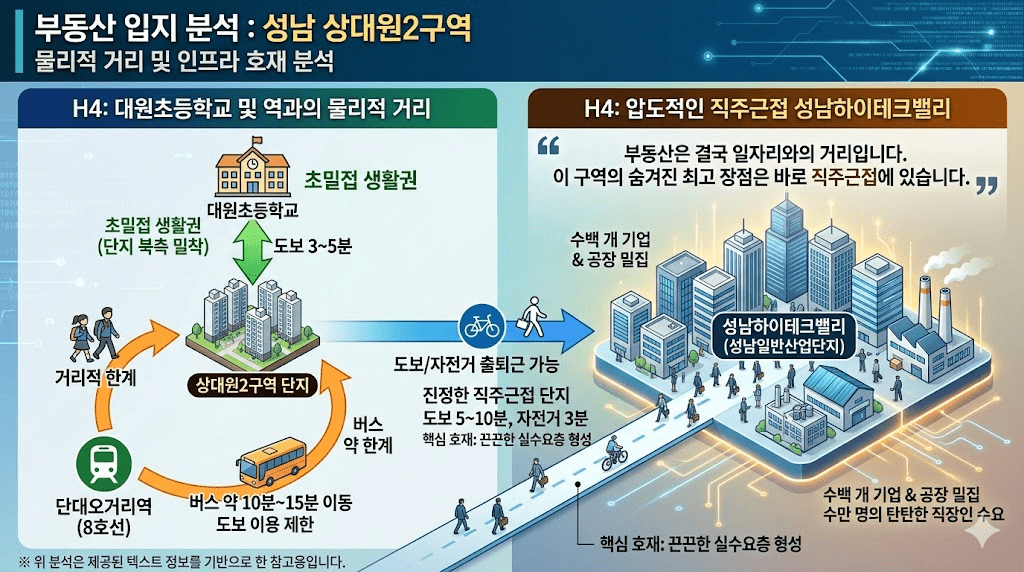 성남 상대원2구역 재개발 입지 분석 인포그래픽: 대원초등학교(도보 3-5분), 단대오거리역(버스 10-15분) 거리 및 성남하이테크밸리 직주근접 설명.