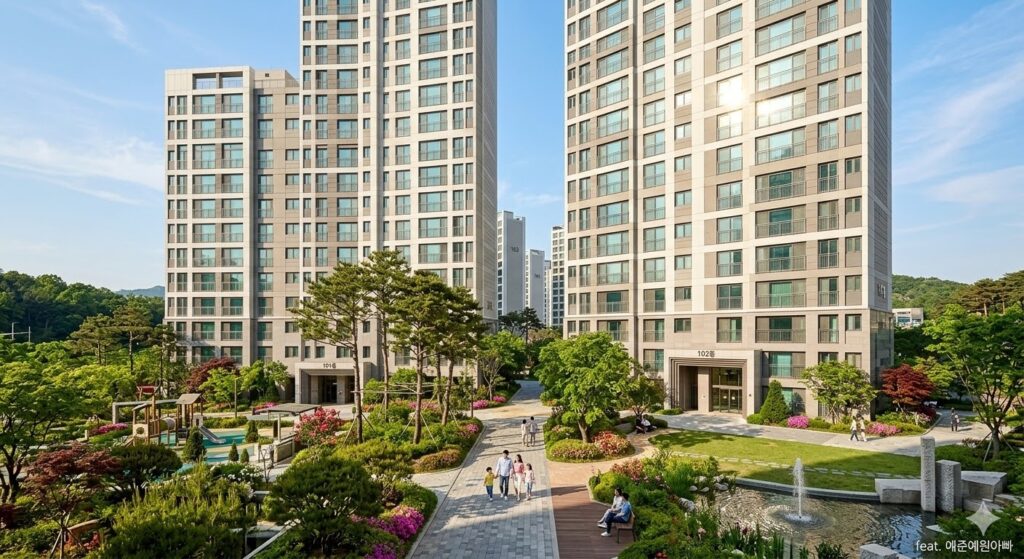 햇살이 가득 비치는 101동, 102동 남향 라인의 웅장한 아파트 외관과 단지 내 조경을 담은 고화질 이미지] (나노바나나 AI로 제작한 e편한세상 신곡 시그니처뷰 로얄동 조감도입니다. 워터마크: feat. 예준예원아빠)