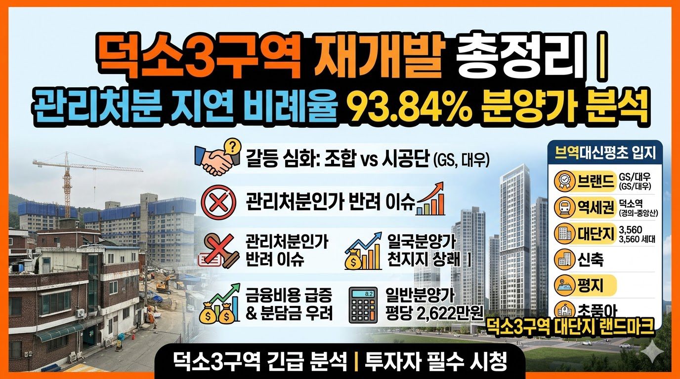 덕소3구역 재개발 분석 썸네일 이미지. 상단에 메인 제목 '덕소3구역 재개발 총정리 | 관리처분 지연 비례율 93.84% 분양가 분석'이 기재되어 있습니다. 중앙에는 갈등 심화, 관리처분 반려 이슈, 일반분양가 최종 협상안, 금융비용 급증, 평당 2,622만원 분양가 등의 정보가 아이콘과 함께 있습니다. 우측에는 브역대신평초 입지 분석과 아파트 조감도가 있습니다. 하단에는 '덕소3구역 긴급 분석 | 투자자 필수 시청' 문구가 있습니다.