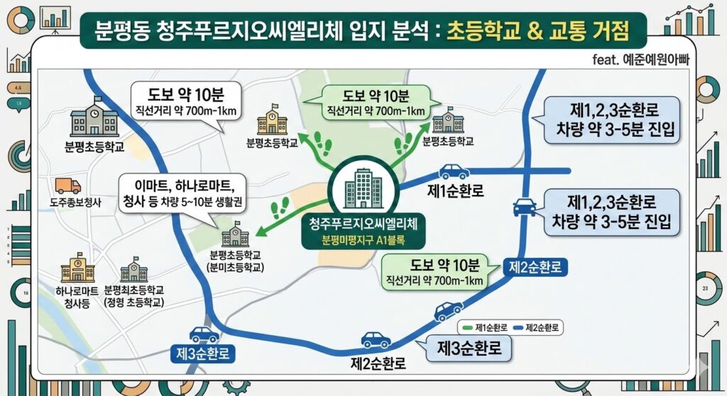 2026년 3월 분양 분평동 청주 푸르지오 씨엘리체 청약 분양가 입지 프리미엄 전망 3 청주 푸르지오 씨엘리체 아파트 단지에서 인근 초등학교 및 제1,2,3순환로 주요 교통 거점까지의 도보 및 차량 이동 동선을 분석한 깔끔한 인포그래픽 지도 이미지. feat. 예준예원아빠