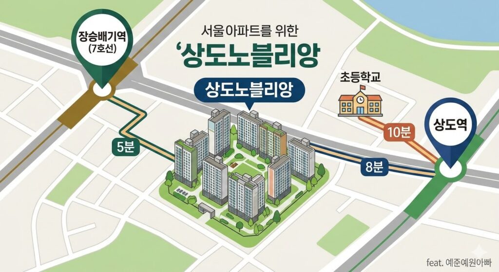 서울 동작구 상도동 상도노블리앙 지역주택조합 분양 정보 및 브역대신평초 입지 완벽 분석 3 하늘에서 내려다본 지도 형태의 일러스트 이미지. 중심에 '상도노블리앙' 아파트 단지가 있고, 좌측 상단으로 도보 5분 거리에 '장승배기역(7호선)', 우측으로 도보 8분 거리에 '상도역', 근처 도보 10분 거리에 초등학교가 직관적인 선과 함께 표시되어 있음. 정보 전달이 명확한 깔끔한 인포그래픽 스타일. 워터마크 삽입: 우측 하단에 "feat. 예준예원아빠" 텍스트 삽입.