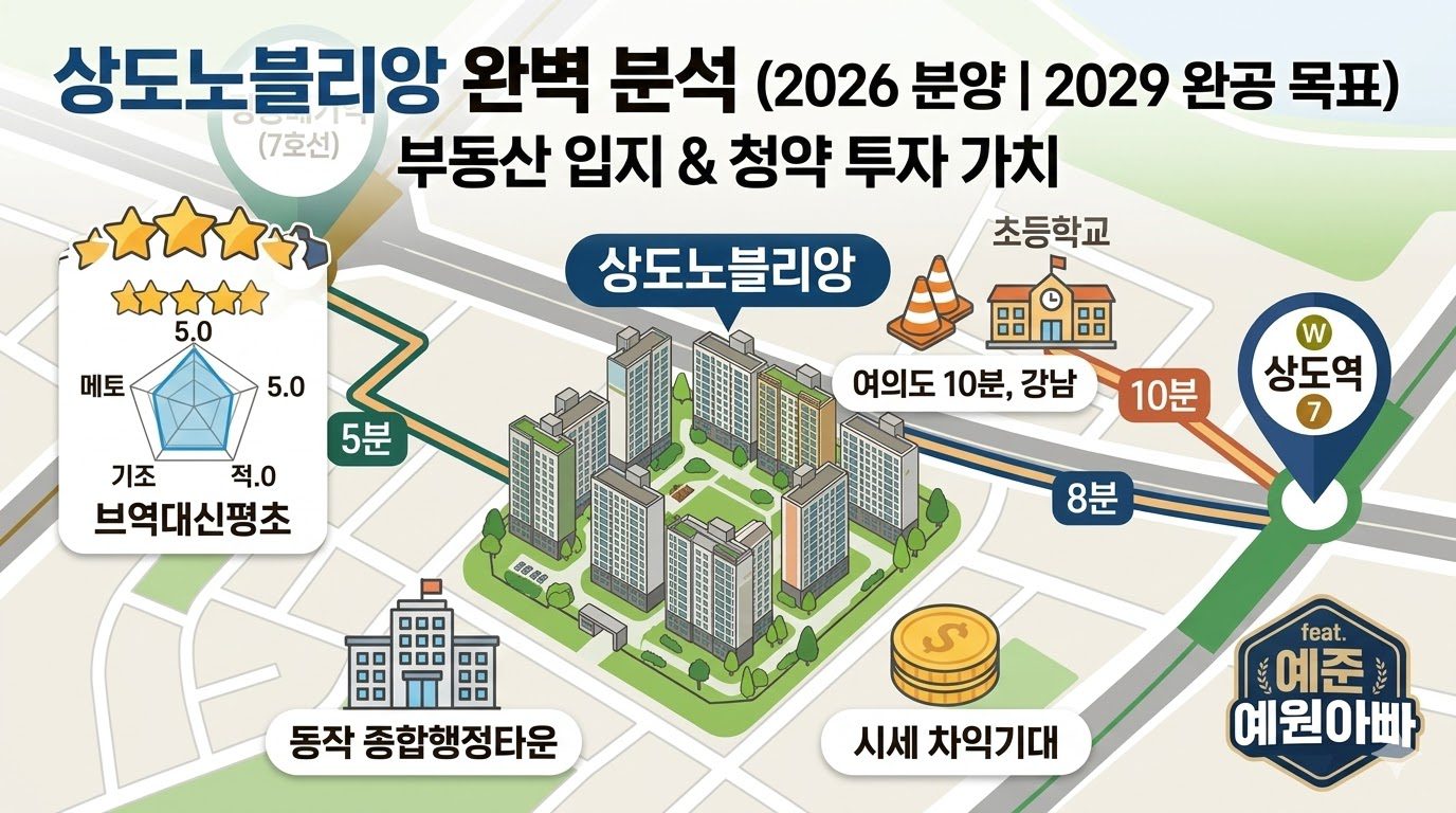 상도동 상도노블리앙 아파트의 부동산 입지 및 청약 투자 가치를 분석한 인포그래픽 이미지. 장승배기역과 상도역 도보 거리, 인근 초등학교, 동작 종합행정타운 정보와 '브역대신평초' 평가 결과를 포함합니다. '예준예원아빠' 분석.