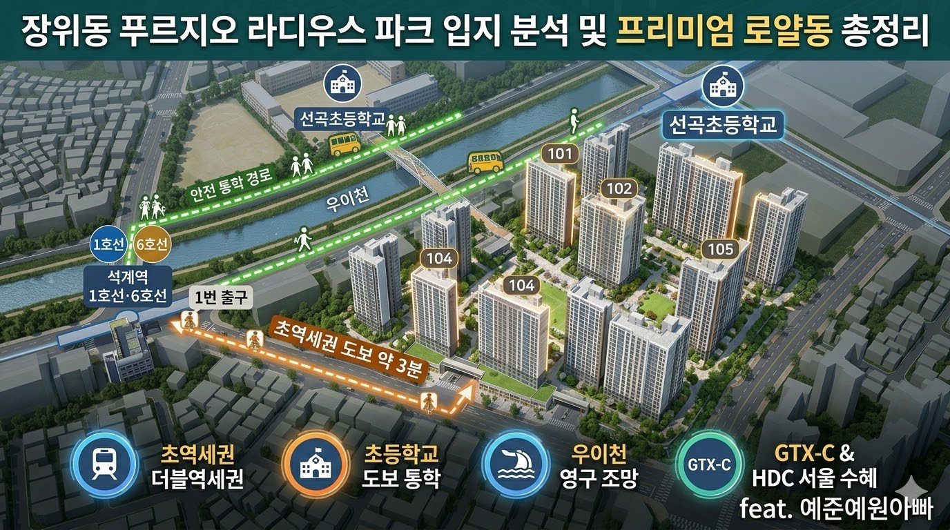 장위동 푸르지오 라디우스 파크 입지 분석 및 프리미엄 로얄동 총정리 이미지. 석계역 초역세권(도보 3분), 선곡초 도보 통학 경로, 우이천 영구 조망, GTX-C 수혜 및 로얄동 위치(101, 102, 104, 105동) 정보를 시각화하여 보여줌.