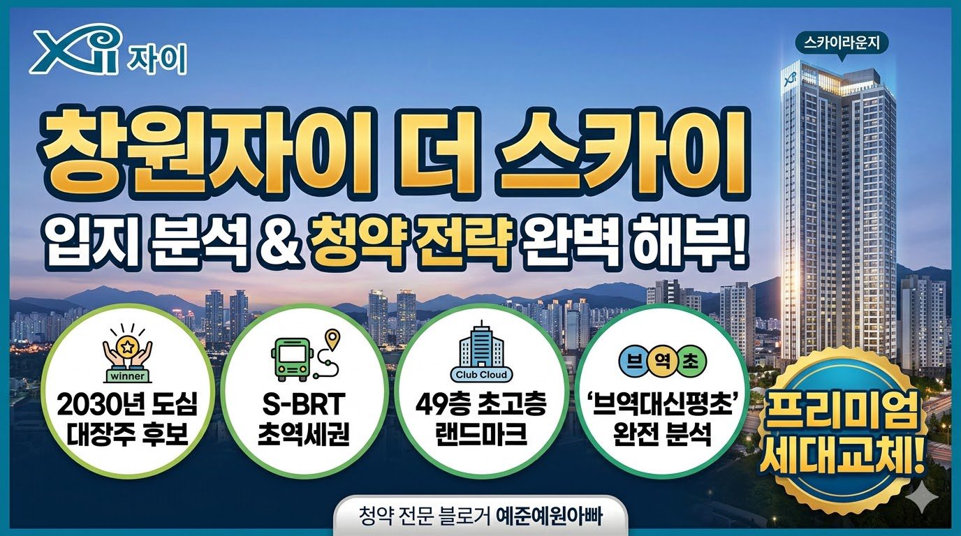 창원자이 더 스카이 아파트의 입지 및 청약 분석 포스터. 2030년 도심 대장주 후보, S-BRT 초역세권, 49층 초고층 랜드마크 등의 주요 특징과 밤의 아파트 야경이 담겨 있다. '프리미엄 세대교체!' 문구와 자이 로고 포함.