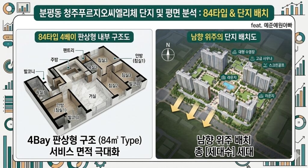 2026년 3월 분양 분평동 청주 푸르지오 씨엘리체 청약 분양가 입지 프리미엄 전망 4 청주 푸르지오 씨엘리체 84타입 4베이 판상형 내부 구조도와 남향 위주의 단지 배치도를 고급스럽게 표현한 건축 조감도 이미지. feat. 예준예원아빠