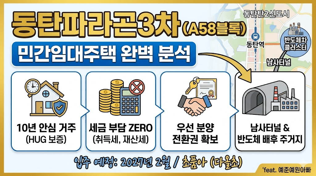 동탄파라곤 3차 민간임대주택 핵심 혜택(세금 ZERO, 안심 거주 HUG 보증, 임대료 동결, 분양 우선권) 요약 그래픽