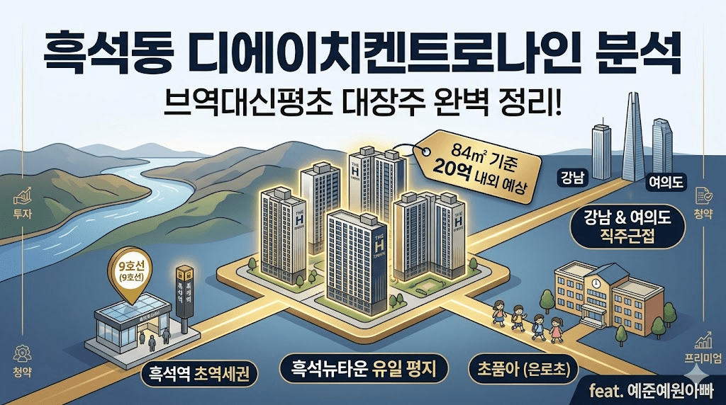 흑석동 디에이치켄트로나인 분석 입지 요약 썸네일. 흑석뉴타운 대장주 입지로 9호선 흑석역 역세권, 은로초등학교 초품아, 대단지, 한강 조망, 평지 특징을 시각적으로 설명. 브역대신평초 완벽 정리 내용 포함.