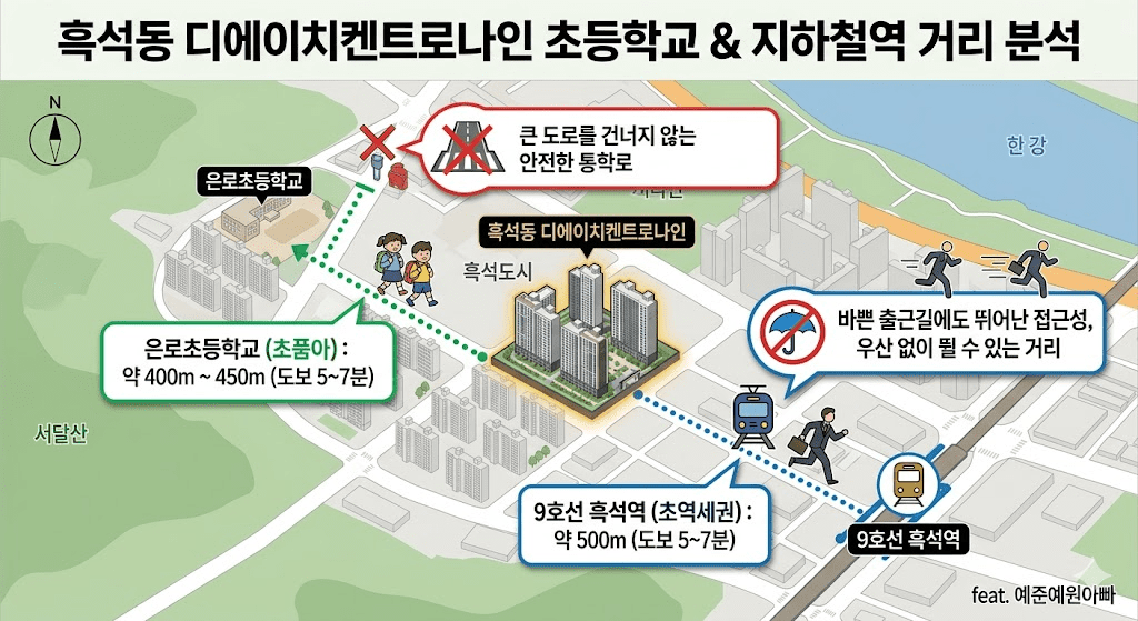 흑석동 디에이치켄트로나인 분양가 평면도 입지 분석 및 청약 전략 2026년 최신판 4 흑석동 디에이치켄트로나인 초등학교&지하철역 거리분석