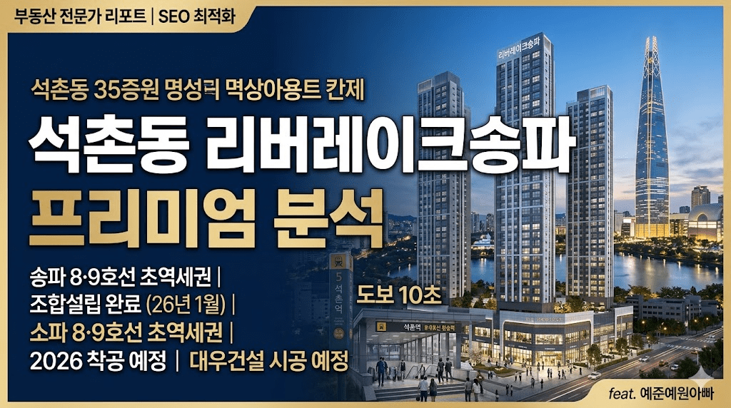 "석촌동 리버레이크송파 프리미엄 분석" 블로그 대표 이미지. 이미지 내 텍스트: 송파역 도보 5분 거리