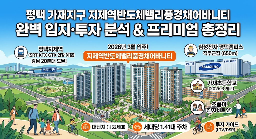 평택 가재지구 지제역반도체밸리풍경채어바니티 아파트 단지 입지 분석 인포그래픽 썸네일. 중앙의 아파트 조감도를 중심으로 왼쪽에는 평택지제역(SRT, KTX, GTX 연장) 교통 정보, 오른쪽에는 삼성전자 평택캠퍼스 직주근접 및 Gaejae초등학교 초품아 정보가 아이콘과 함께 표기되어 있습니다. 하단에는 대단지 세대수, 주차대수, 투자 가이드 정보가 포함된 종합 분석 이미지입니다.