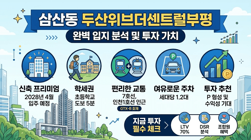 삼산동 두산위브더센트럴부평 입지 분석 인포그래픽. 신축 프리미엄(2025년 8월 입주 예정), 초역세권(7호선 굴포천역 도보 5분), 학세권(삼산초 도보 1분, 삼산중 4분), 숲세권(시냇물 공원 인근) 등 네 가지 핵심 포인트와 투자 매력도를 요약하여 보여주는 이미지.