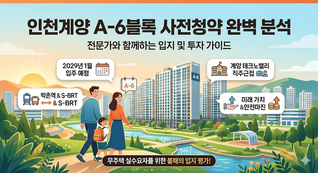 "인천계양 A-6블록 사전청약 완벽 분석" 정보 인포그래픽. 고층 아파트 단지와 가족의 일러스트가 있으며, "2029년 1월 입주 예정", "박촌역 & S-BRT", "A-6", "계양 테크노밸리 직주근접", "미래 가치 & 안전마진" 등 주요 정보가 아이콘과 텍스트로 명시되어 있습니다. 하단에는 "무주택 실수요자를 위한 불패의 입지 평가!" 배너가 있습니다.