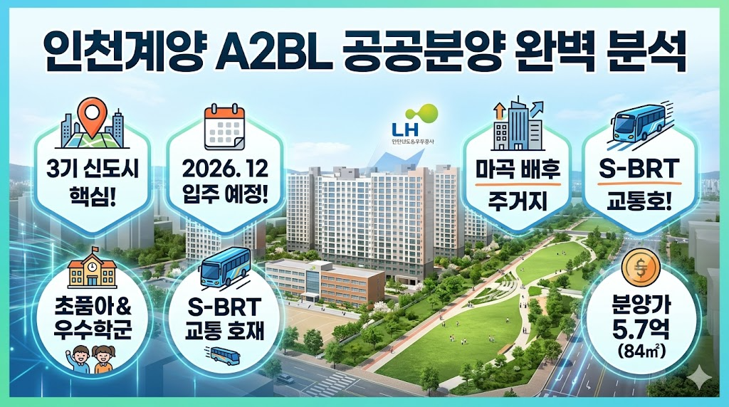 인천계양 A2BL 공공분양 단지의 핵심 분석 정보를 요약한 인포그래픽입니다. 주요 내용으로는 3기 신도시 입지, 입주 예정일(2026.12), 마곡 배후 주거지, S-BRT 교통 호재, 초품아 및 학군, 그리고 5.7억 원의 분양가가 포함되어 있습니다.