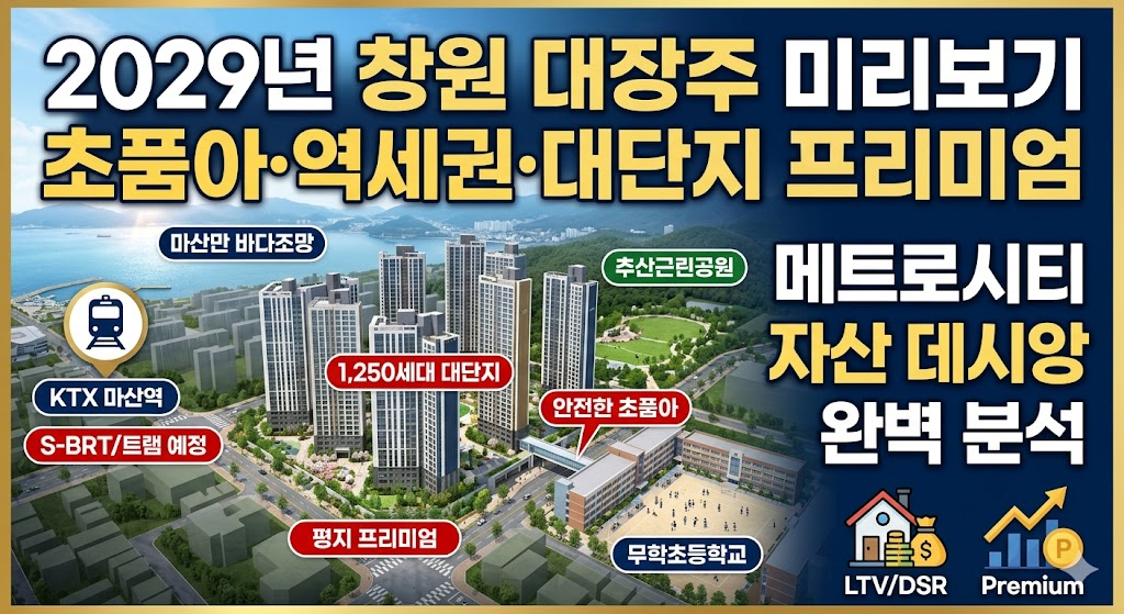2029년 창원 대장주 아파트 미리보기 그래픽. 메트로시티 자산 데시앙 분양 정보. 1,250세대 대단지, 마산만 바다조망, 초품아, KTX 마산역, S-BRT/트램 예정 등 입지 분석 핵심 내용 포함.
