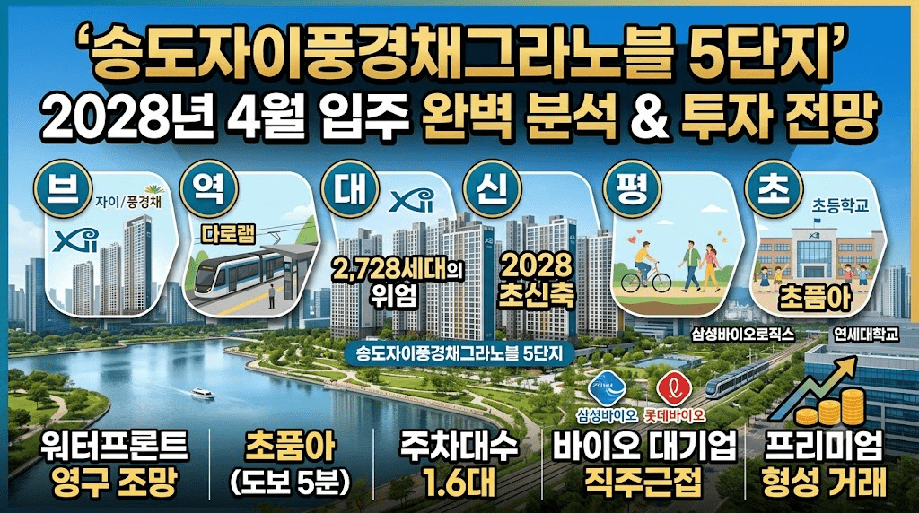 송도자이풍경채그라노블 5단지 2028년 4월 입주 완벽 분석 및 투자 전망을 담은 인포그래픽 이미지. 브랜드, 대단지, 역세권, 신축, 평형, 초품아, 프리미엄 형성 등을 설명하는 다양한 아이콘과 송도 호수공원 전경을 배경으로 사용했습니다.