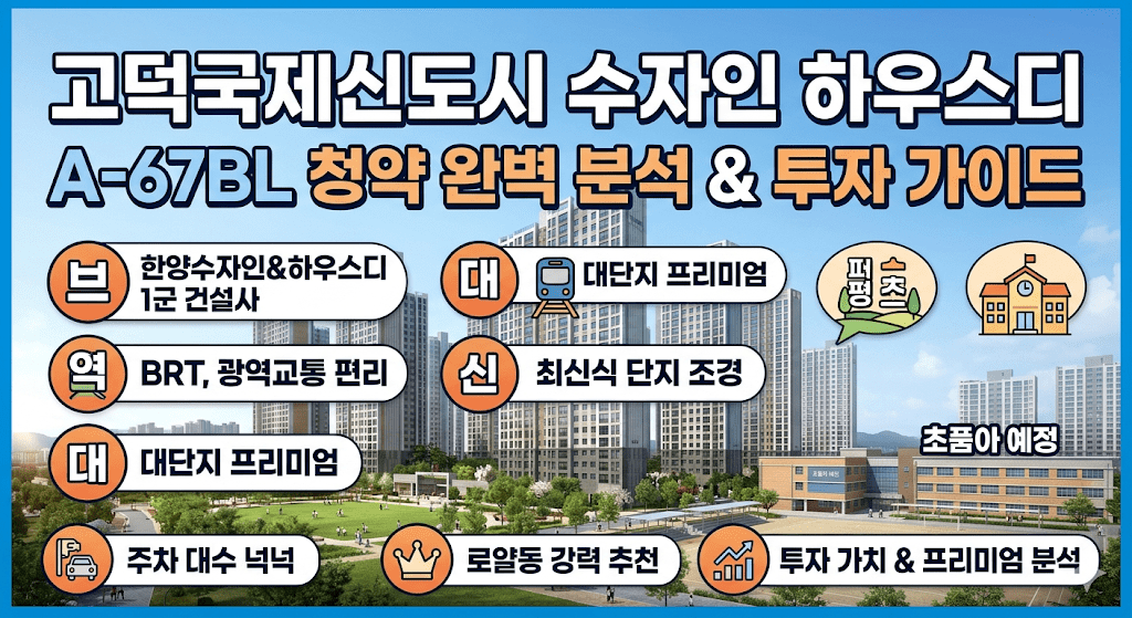 고덕국제신도시 수자인 하우스디 A-67BL 아파트 청약 및 투자 가이드 인포그래픽 썸네일 이미지. 브랜드 가치, 교통, 교육 환경 등 단지의 주요 특징을 요약하여 보여줍니다.