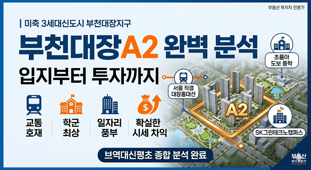 부천대장 A2 지구 부동산 입지 분석 및 투자 가치 인포그래픽 이미지. 교통 호재, 학군 우수, 일자리 풍부, 시세 차익 핵심 내용 요약