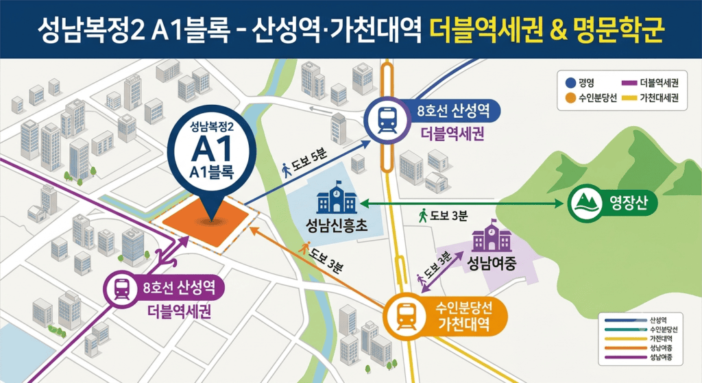 성남복정2 A1블록 신혼희망타운 총정리 — 당첨자 발표일에 사전청약자 절반이 떠난 이유까지 5 "성남복정2 A1블록 산성역·가천대역 입지"