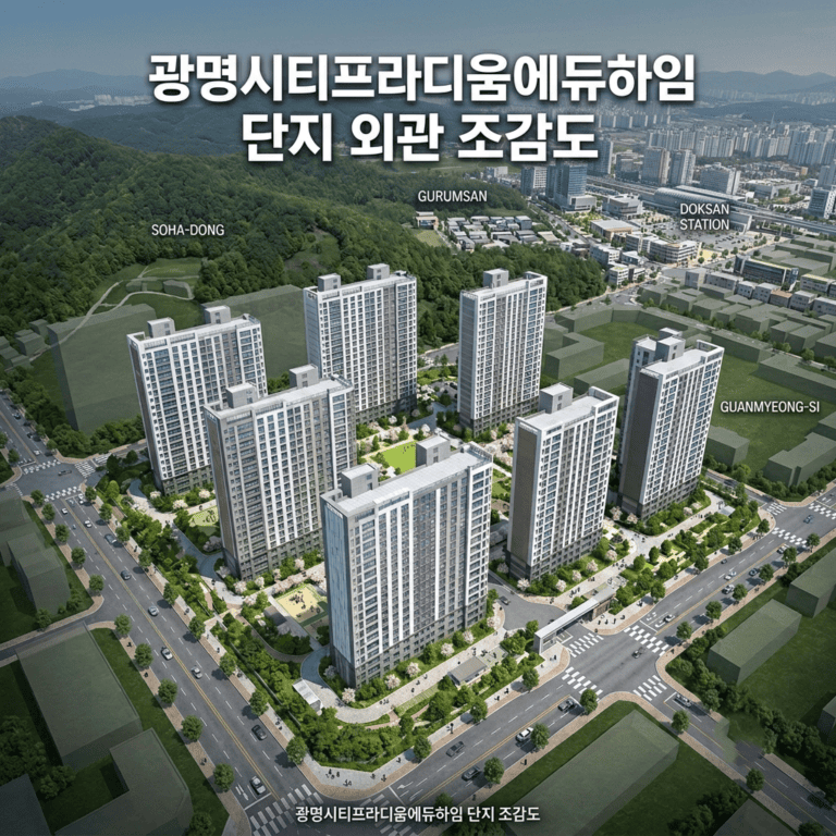 광명시티프라디움에듀하임, 84㎡ 대거 미달 — 잔금 50% 구조를 계산표로 따져봤습니다 2 광명시티프라디움에듀하임 단지 외관 조감도, 경기 광명시 소하동 구름산지구 A6블록