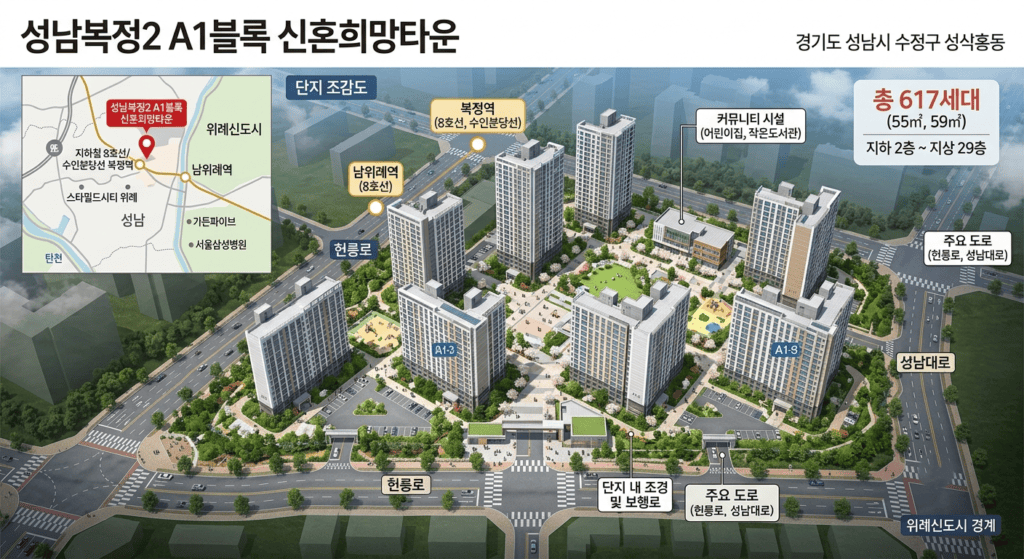 성남복정2 A1블록 신혼희망타운 총정리 — 당첨자 발표일에 사전청약자 절반이 떠난 이유까지 2 성남복정2 A1블록 신혼희망타운 위치와 단지 조감도