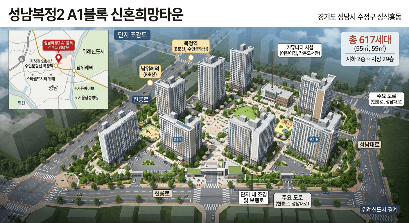 성남복정2 A1블록 신혼희망타운 단지 조감도, 경기 성남시 수정구 신흥동 위치와 공급정보 요약
