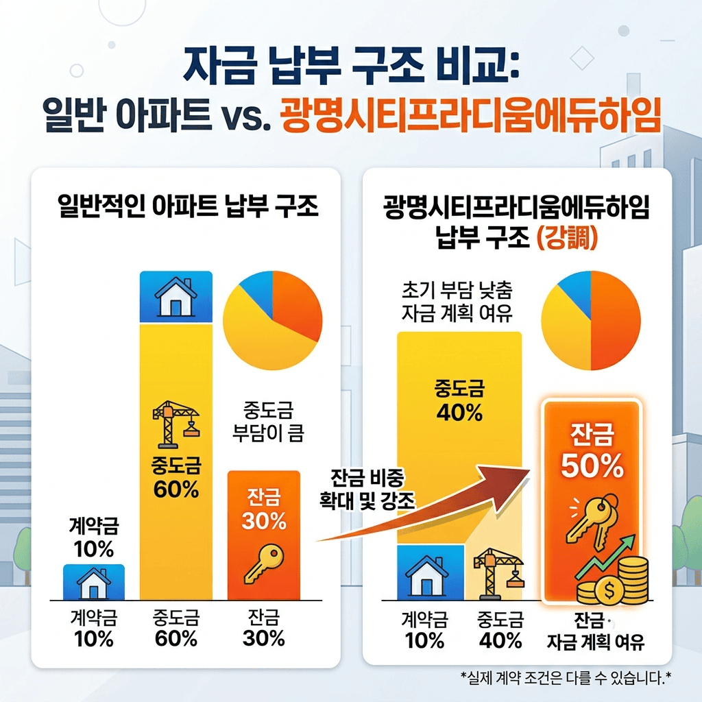 광명시티프라디움에듀하임, 84㎡ 대거 미달 — 잔금 50% 구조를 계산표로 따져봤습니다 3 광명시티프라디움에듀하임 계약금·중도금·잔금 비율